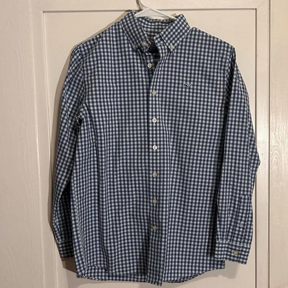 Vineyard Vines Green Plaid Gingham Long Sleeve Button Whale Shirt Youth size 16
